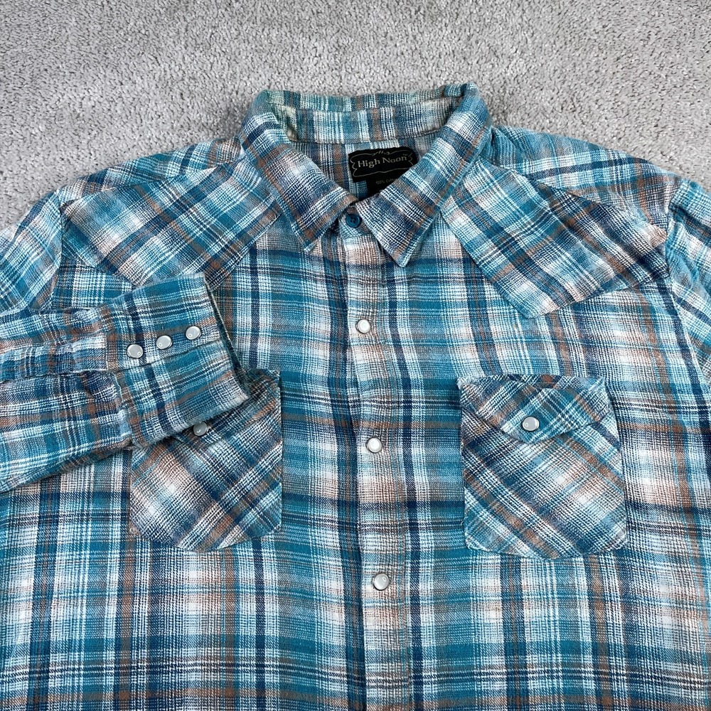 High Noon‎ Shirt Mens Large Blue Plaid Flannel Pearl Snap Western Cowboy Rodeo